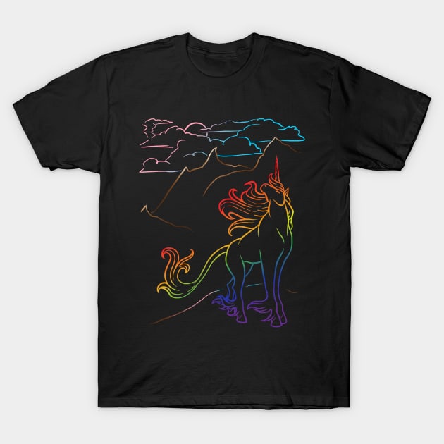 Pride Mountain Unicorn Lineart T-Shirt by Bardic Cat